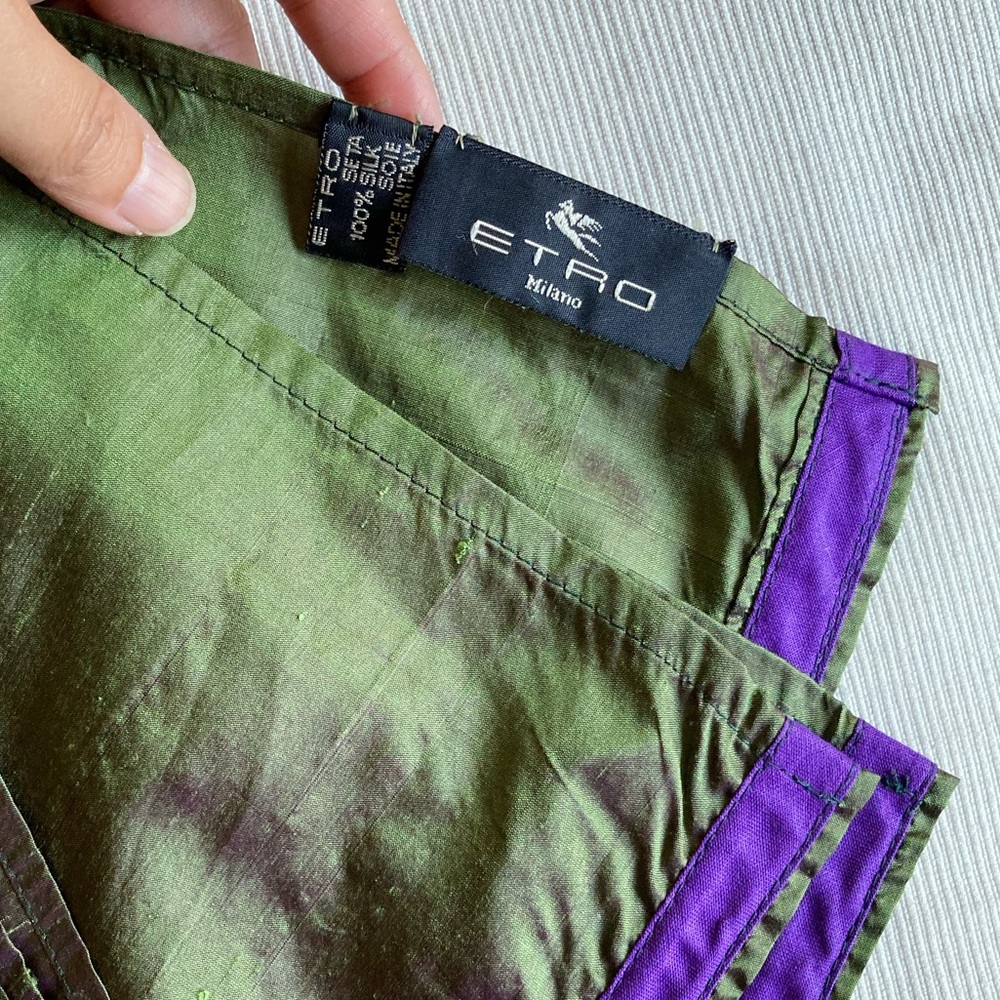 Vintage ETRO Italy Raw Silk Olive Green Purple Sheen Oblong Scarf Shawl 56”x18” - Picture 13 of 13